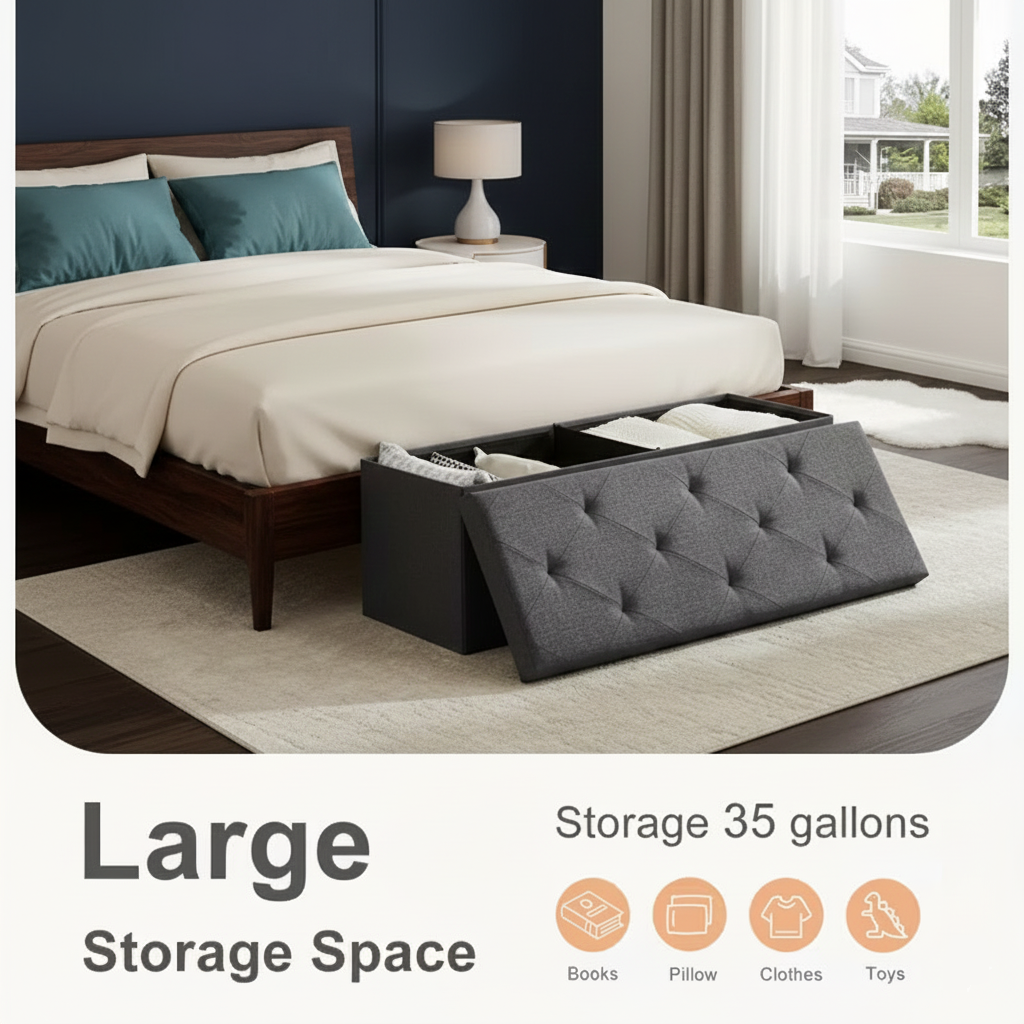 30/43" Folding Storage Ottoman Bench Heavy Duty Padded Seat Multi Size - Color